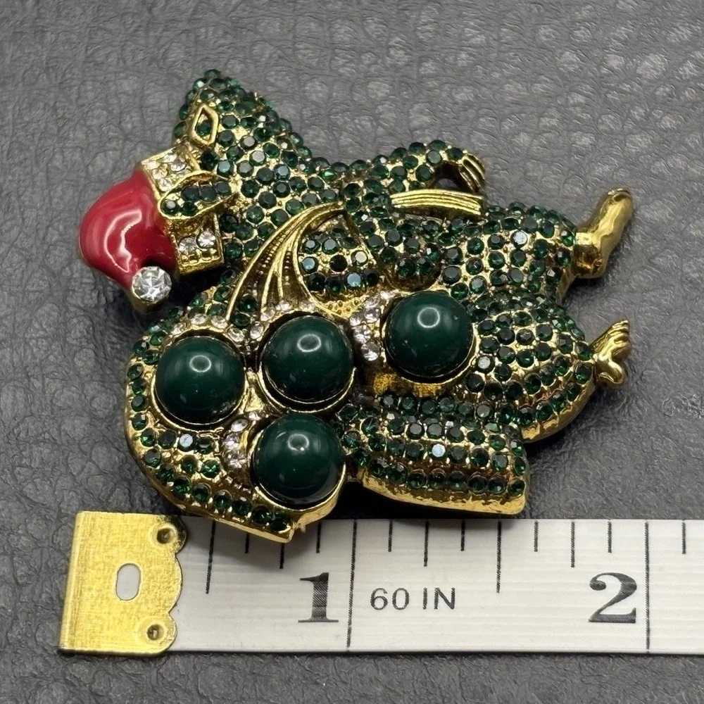 Christmas Mouse Santa Brooch Green Rhinestone Red Enamel Hat Gold Tone